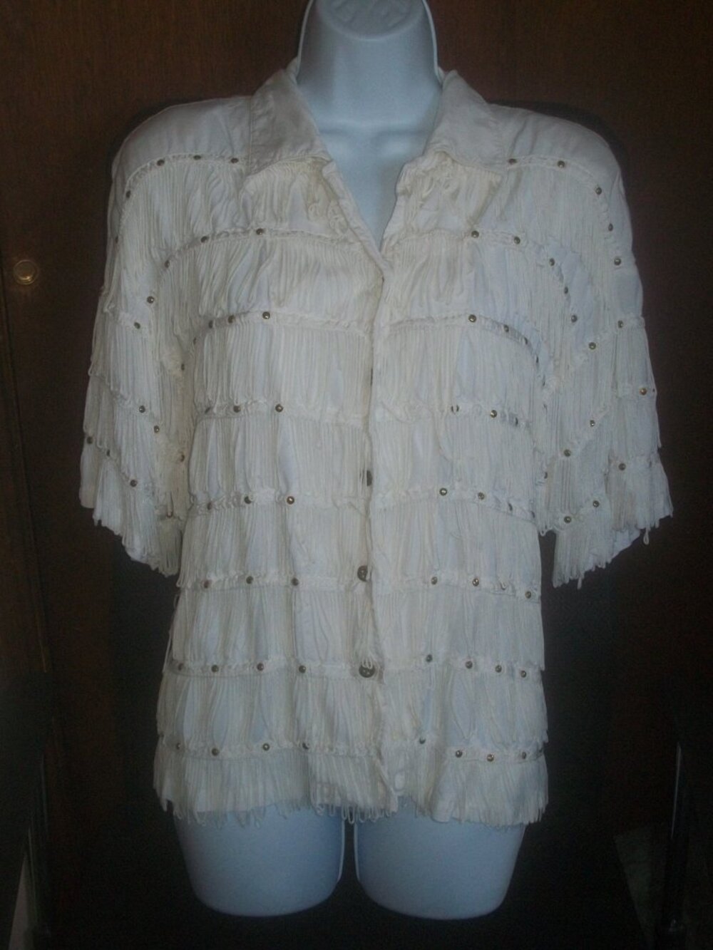 womens fringe western button shirt. blouse. top. ivory. stud bling. size small